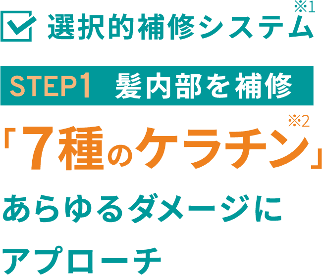 選択的補修システム※1 STEP1 髪内部を補修 「7種のケラチン※2」あらゆるダメージにアプローチ
